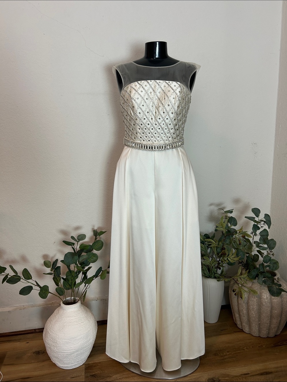 Wide leg, satin pantsuit with lace up back and pockets. Altered from original.